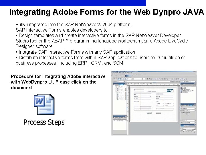 Integrating Adobe Forms for the Web Dynpro JAVA Fully integrated into the SAP Net.