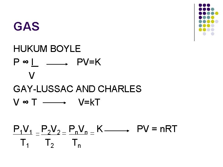 GAS HUKUM BOYLE P∞I PV=K V GAY-LUSSAC AND CHARLES V∞T V=k. T P 1