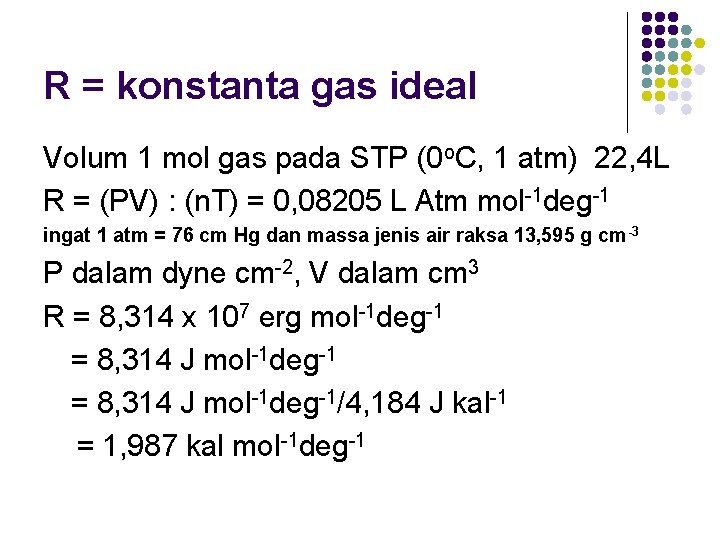 R = konstanta gas ideal Volum 1 mol gas pada STP (0 o. C,