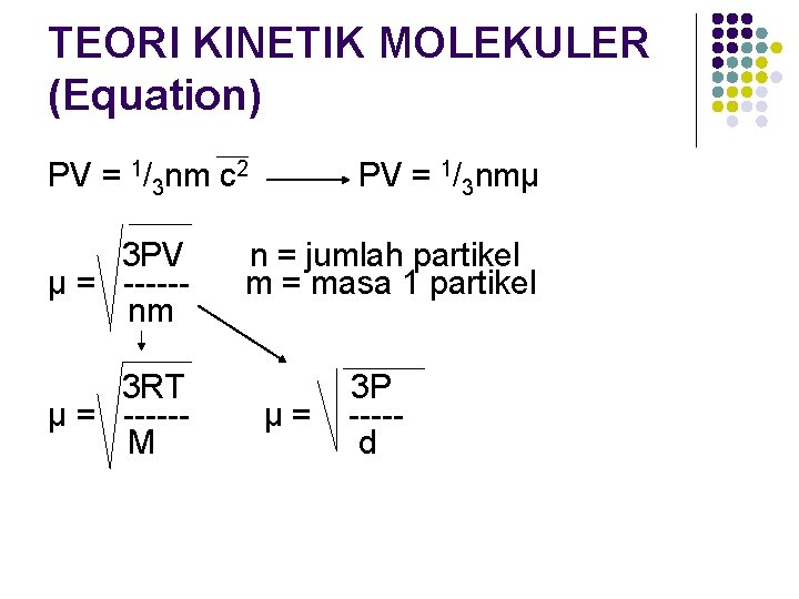 TEORI KINETIK MOLEKULER (Equation) PV = 1/3 nm c 2 3 PV µ =
