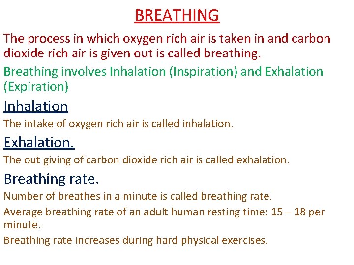 BREATHING The process in which oxygen rich air is taken in and carbon dioxide