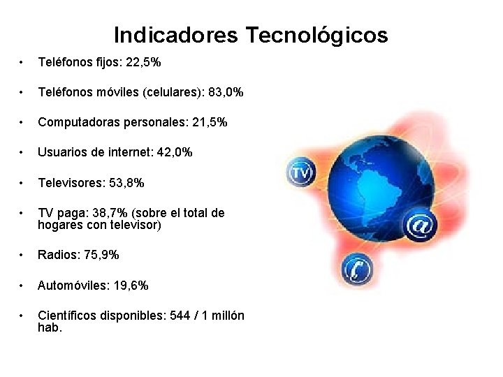Indicadores Tecnológicos • Teléfonos fijos: 22, 5% • Teléfonos móviles (celulares): 83, 0% •