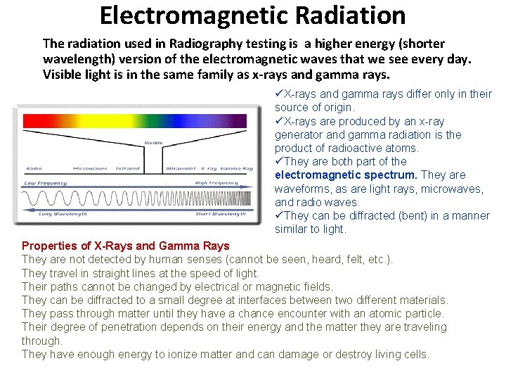 Electromagnetic Radiation The radiation used in Radiography testing is a higher energy (shorter wavelength)