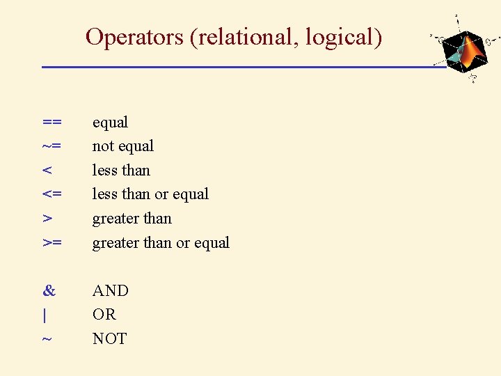 Operators (relational, logical) == ~= < <= > >= equal not equal less than