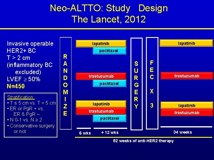 Neo-ALTTO: Study Design The Lancet, 2012 Invasive operable HER 2+ BC T > 2