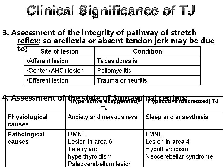 Clinical Significance of TJ 3. Assessment of the integrity of pathway of stretch reflex: