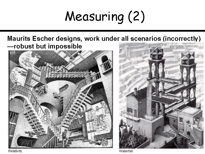 Measuring (2) Maurits Escher designs, work under all scenarios (incorrectly) —robust but impossible Relativity