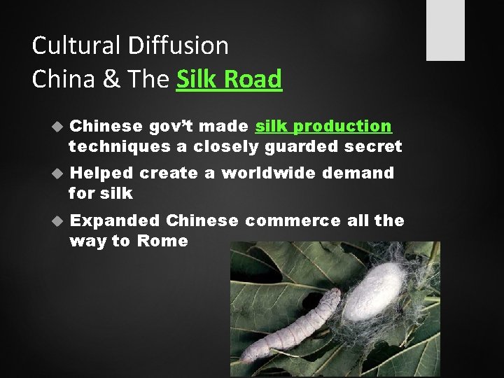 Cultural Diffusion China & The Silk Road Chinese gov’t made silk production techniques a