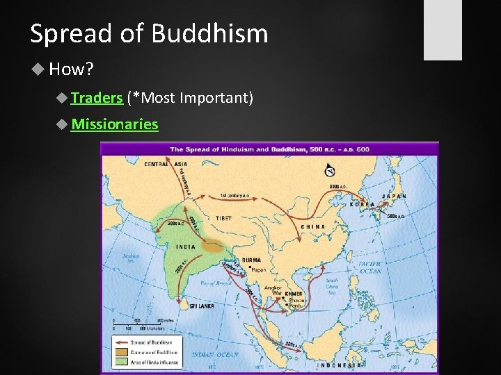 Spread of Buddhism How? Traders (*Most Important) Missionaries 