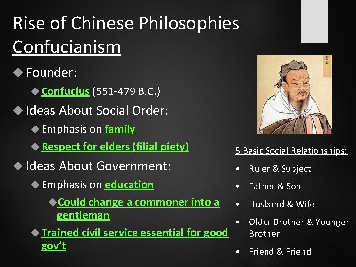 Rise of Chinese Philosophies Confucianism Founder: Confucius (551 -479 B. C. ) Ideas About