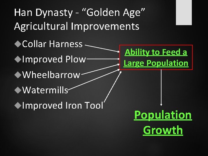 Han Dynasty - “Golden Age” Agricultural Improvements Collar Harness Improved Plow Wheelbarrow Ability to