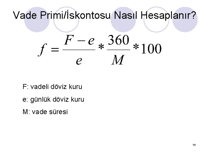 Vade Primi/İskontosu Nasıl Hesaplanır? F: vadeli döviz kuru e: günlük döviz kuru M: vade