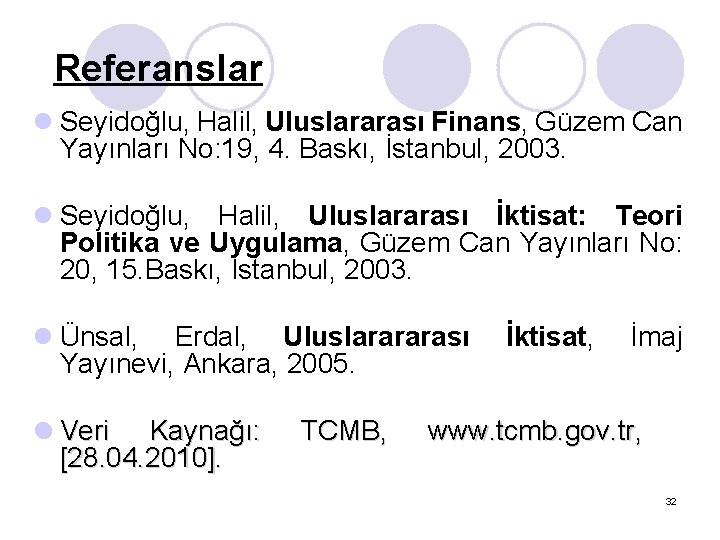 Referanslar l Seyidoğlu, Halil, Uluslararası Finans, Güzem Can Yayınları No: 19, 4. Baskı, İstanbul,