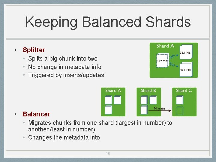 Keeping Balanced Shards • Splitter • Splits a big chunk into two • No