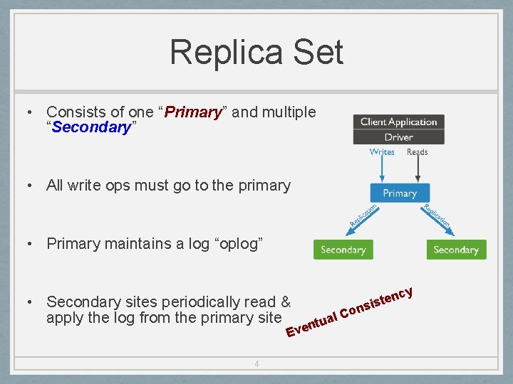 Replica Set • Consists of one “Primary” and multiple “Secondary” • All write ops