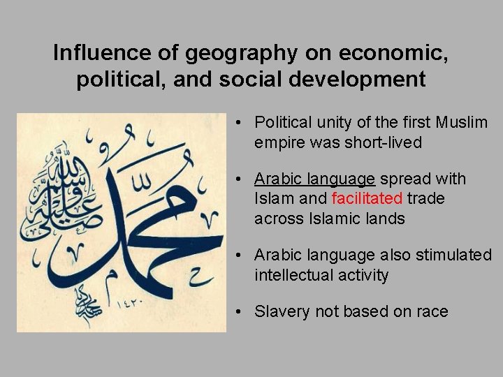 Influence of geography on economic, political, and social development • Political unity of the