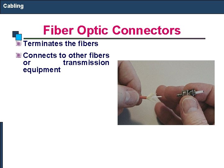 Cabling Fiber Optic Connectors Terminates the fibers Connects to other fibers or transmission equipment