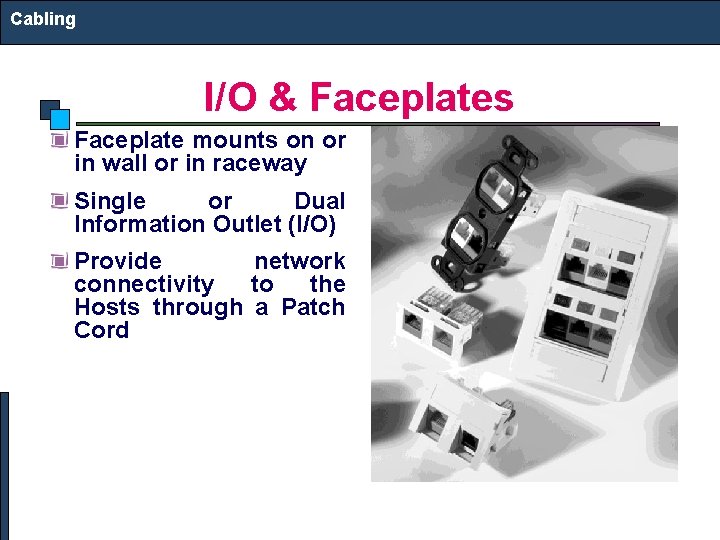 Cabling I/O & Faceplates Faceplate mounts on or in wall or in raceway Single Cabling I/O & Faceplates Faceplate mounts on or in wall or in raceway Single