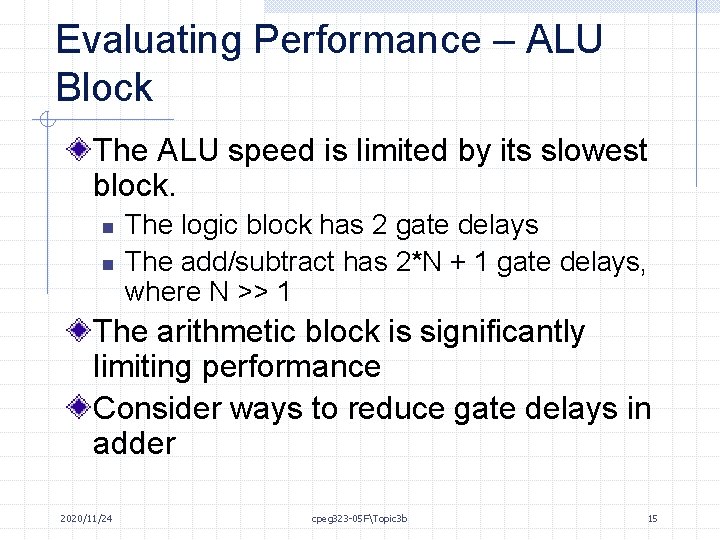 Evaluating Performance – ALU Block The ALU speed is limited by its slowest block.