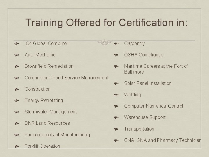 Training Offered for Certification in: IC 4 Global Computer Carpentry Auto Mechanic OSHA Compliance