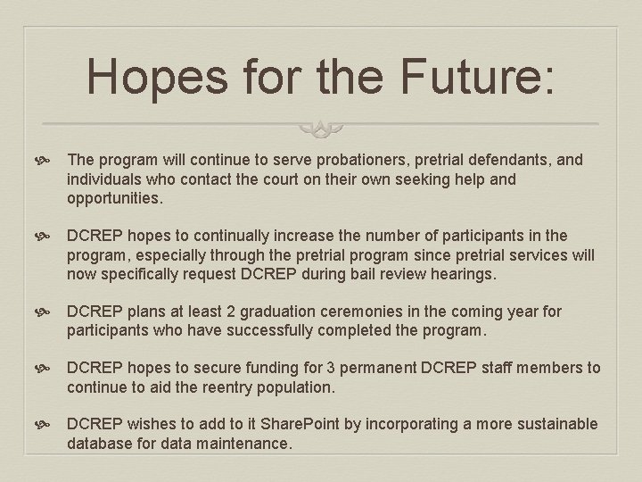 Hopes for the Future: The program will continue to serve probationers, pretrial defendants, and