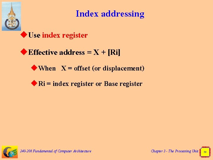 Index addressing u. Use index register u. Effective address = X + [Ri] u.