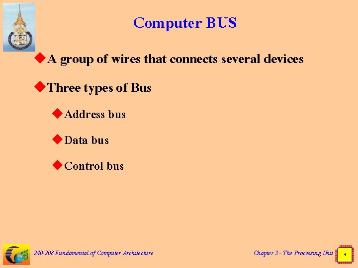 Computer BUS u. A group of wires that connects several devices u. Three types