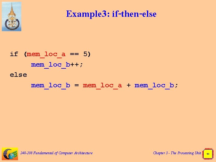 Example 3: if-then-else if (mem_loc_a == 5) mem_loc_b++; else mem_loc_b = mem_loc_a + mem_loc_b;