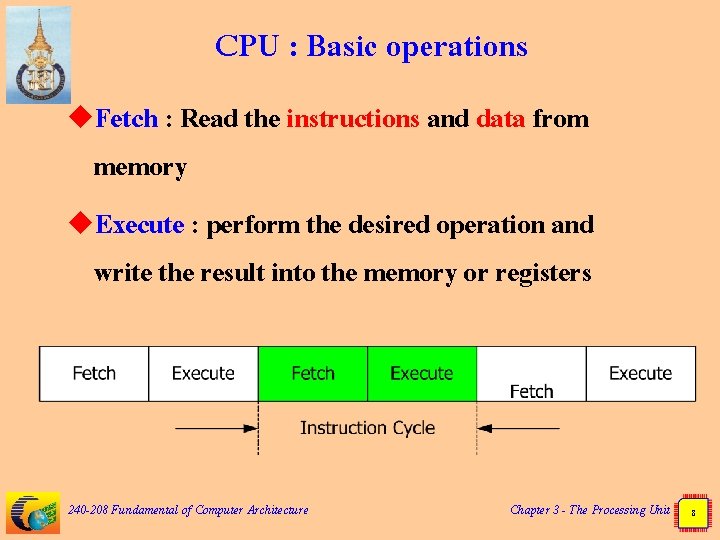 CPU : Basic operations u. Fetch : Read the instructions and data from memory