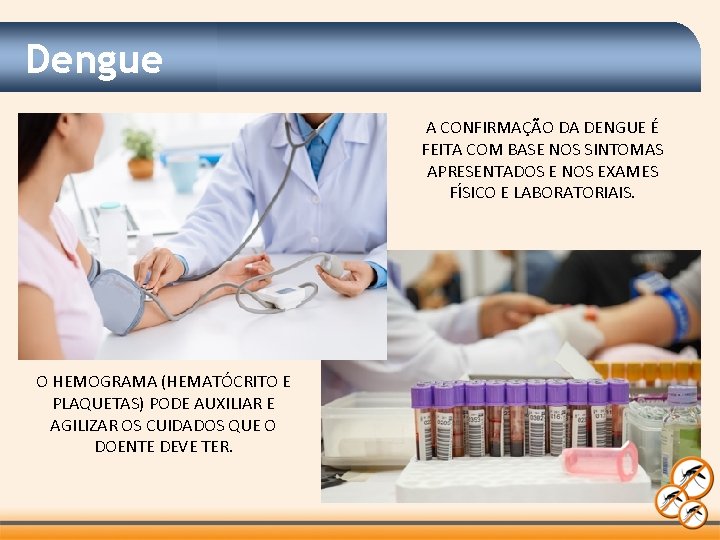 Dengue A CONFIRMAÇÃO DA DENGUE É FEITA COM BASE NOS SINTOMAS APRESENTADOS E NOS