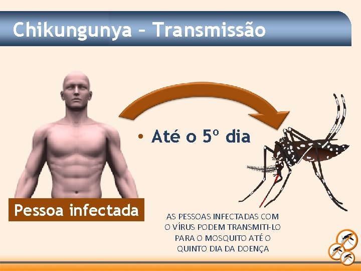 Chikungunya – Transmissão • Até o 5º dia Pessoa infectada AS PESSOAS INFECTADAS COM