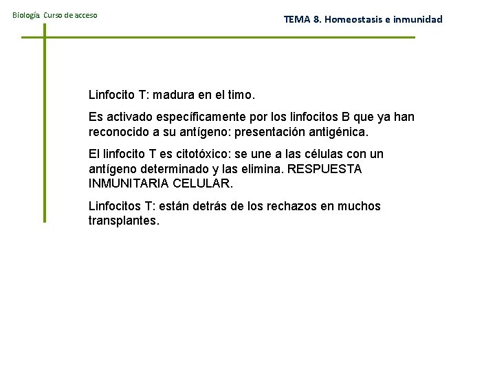 Biología. Curso de acceso TEMA 8. Homeostasis e inmunidad Linfocito T: madura en el