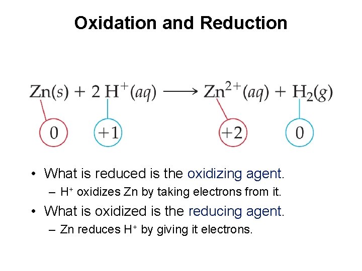 Oxidation and Reduction • What is reduced is the oxidizing agent. – H+ oxidizes