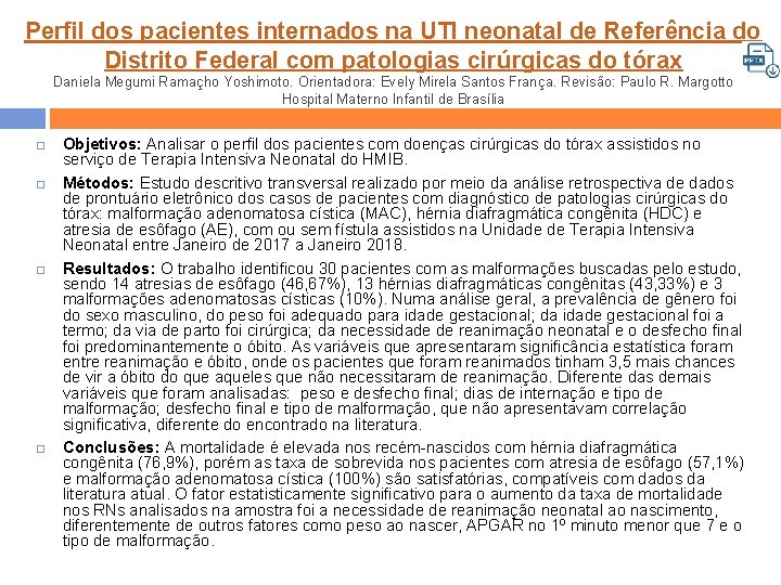 Perfil dos pacientes internados na UTI neonatal de Referência do Distrito Federal com patologias