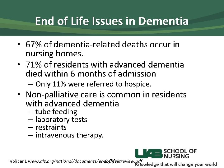 End of Life Issues in Dementia • 67% of dementia-related deaths occur in nursing