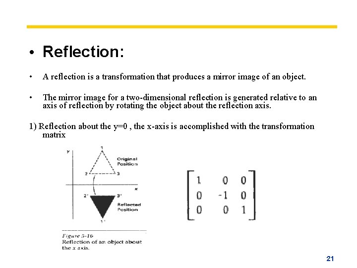  • Reflection: • A reflection is a transformation that produces a mirror image