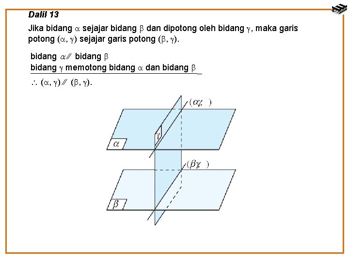 Dalil 13 Jika bidang sejajar bidang dan dipotong oleh bidang , maka garis potong