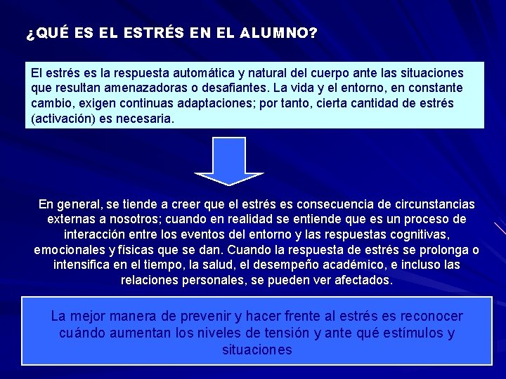 ¿QUÉ ES EL ESTRÉS EN EL ALUMNO? El estrés es la respuesta automática y