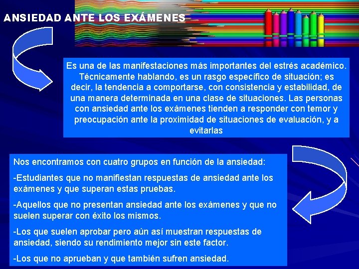 ANSIEDAD ANTE LOS EXÁMENES Es una de las manifestaciones más importantes del estrés académico.