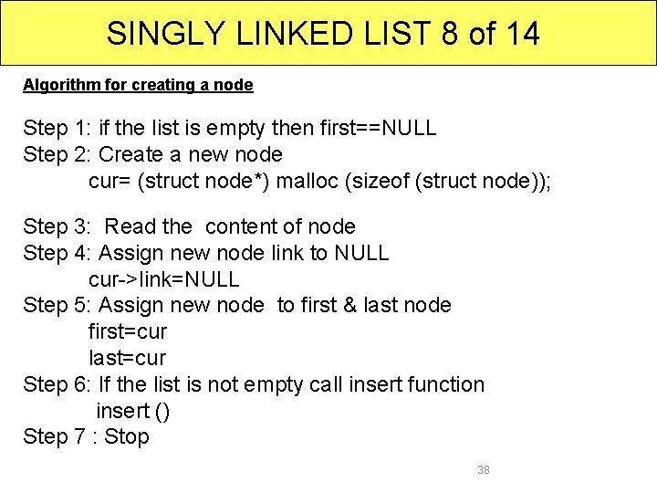 SINGLY LINKED LIST 8 of 14 Algorithm for creating a node Step 1: if
