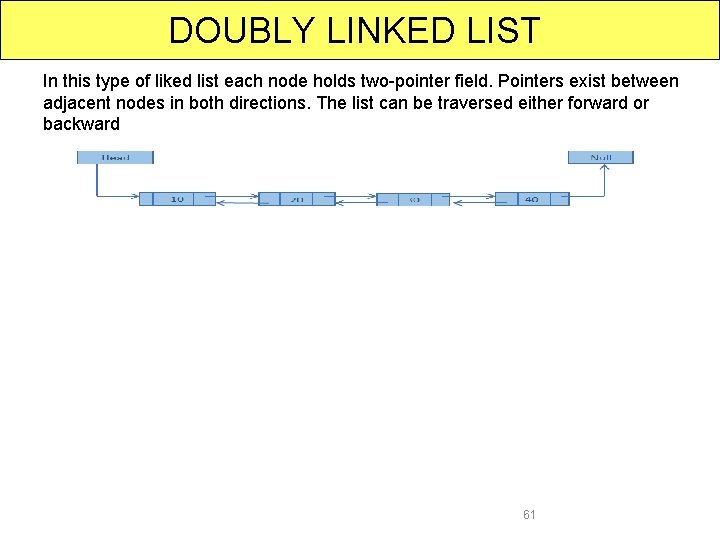 DOUBLY LINKED LIST In this type of liked list each node holds two-pointer field.