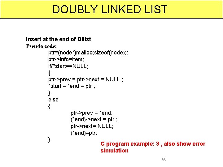 DOUBLY LINKED LIST Insert at the end of Dllist Pseudo code: ptr=(node*)malloc(sizeof(node)); ptr->info=item; if(*start==NULL)