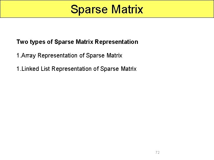 Sparse Matrix Two types of Sparse Matrix Representation 1. Array Representation of Sparse Matrix