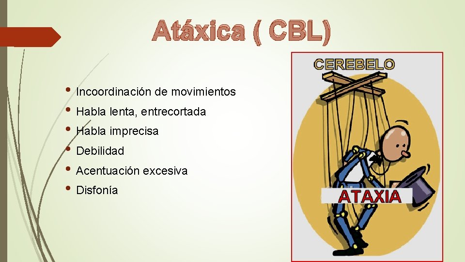 Atáxica ( CBL) • Incoordinación de movimientos • Habla lenta, entrecortada • Habla imprecisa