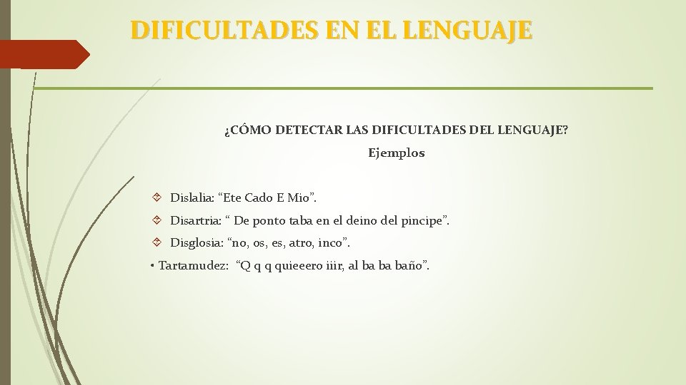 DIFICULTADES EN EL LENGUAJE ¿CÓMO DETECTAR LAS DIFICULTADES DEL LENGUAJE? Ejemplos Dislalia: “Ete Cado