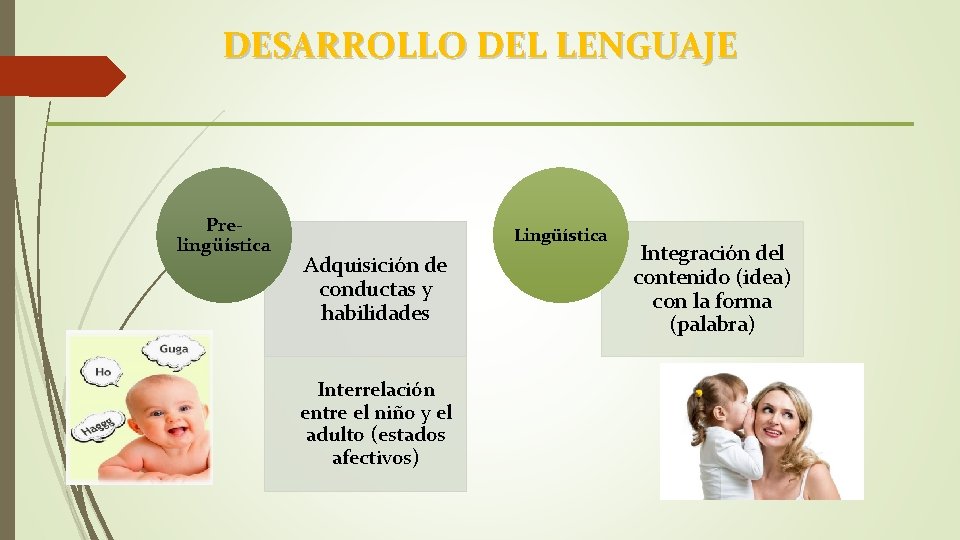 DESARROLLO DEL LENGUAJE Prelingüística Lingüística Adquisición de conductas y habilidades Interrelación entre el niño