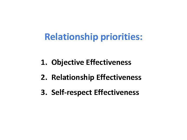 Relationship priorities: 1. Objective Effectiveness 2. Relationship Effectiveness 3. Self-respect Effectiveness 