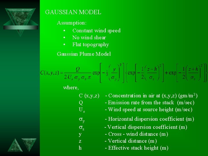 GAUSSIAN MODEL Assumption: • Constant wind speed • No wind shear • Flat topography