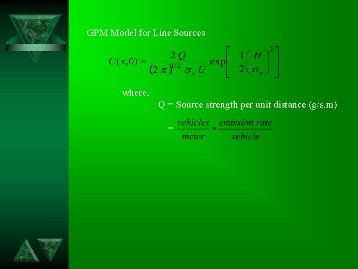 GPM Model for Line Sources where, Q = Source strength per unit distance (g/s.