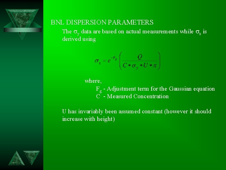 BNL DISPERSION PARAMETERS The sy data are based on actual measurements while sz is